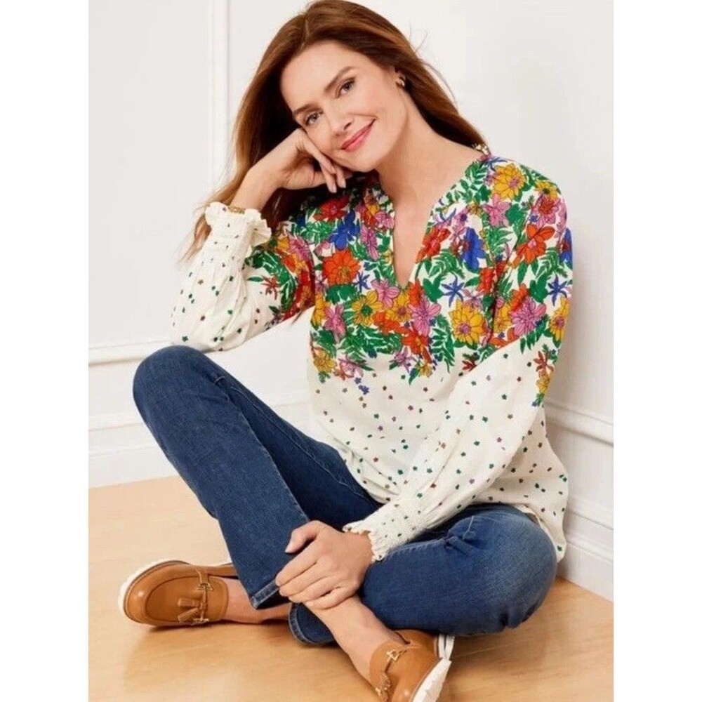 Talbots Womens Cotton Blouse Size L Ruffle Long Sleeve Neck Multicolor Floral